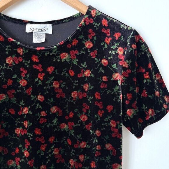 Agenda Black Red Floral Velvet Stretch Short Sleeve Top Sz S Vintage Made In USA - Picture 4 of 9